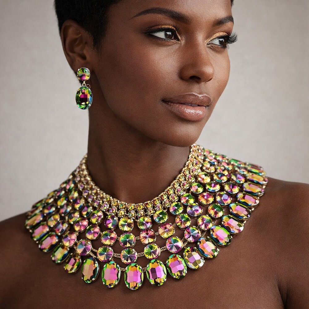 Luxury Multicolor Crystal Bib Necklace & Drop Earrings Set